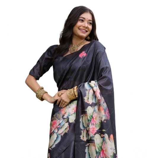Generic Women's Faux_Tussar Floral Saree With Unstitched Blouse 5.5Mtr (Black)