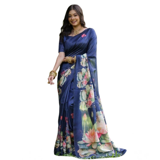 Generic Women's Faux_Tussar Floral Saree With Unstitched Blouse 5.5Mtr (Navy_Blue)