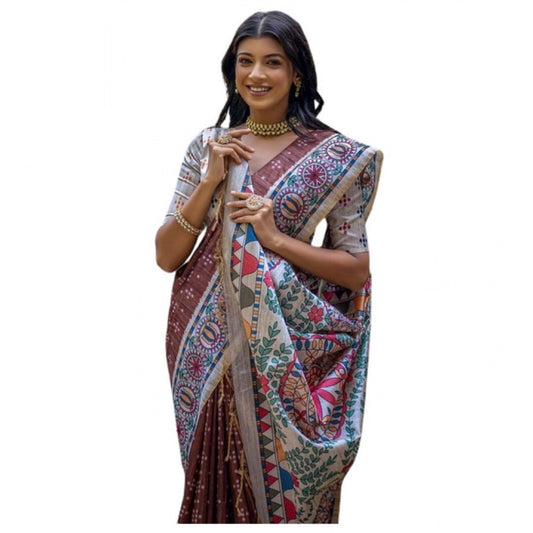 Generic Women's Faux_Tussar Geometric_Print Saree With Unstitched Blouse 5.5Mtr (Coffee)