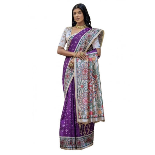 Generic Women's Faux_Tussar Geometric_Print Saree With Unstitched Blouse 5.5Mtr (Purple)