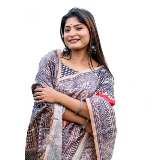Generic Women's Faux_Tussar Geometric_Print Saree With Unstitched Blouse 5.5Mtr (Orange)