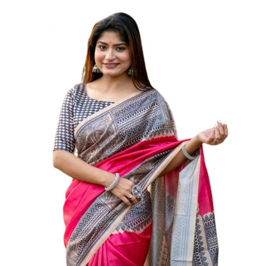 Generic Women's Faux_Tussar Geometric_Print Saree With Unstitched Blouse 5.5Mtr (Pink)