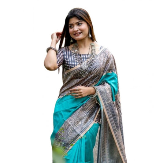 Generic Women's Faux_Tussar Geometric_Print Saree With Unstitched Blouse 5.5Mtr (Rama_Green)
