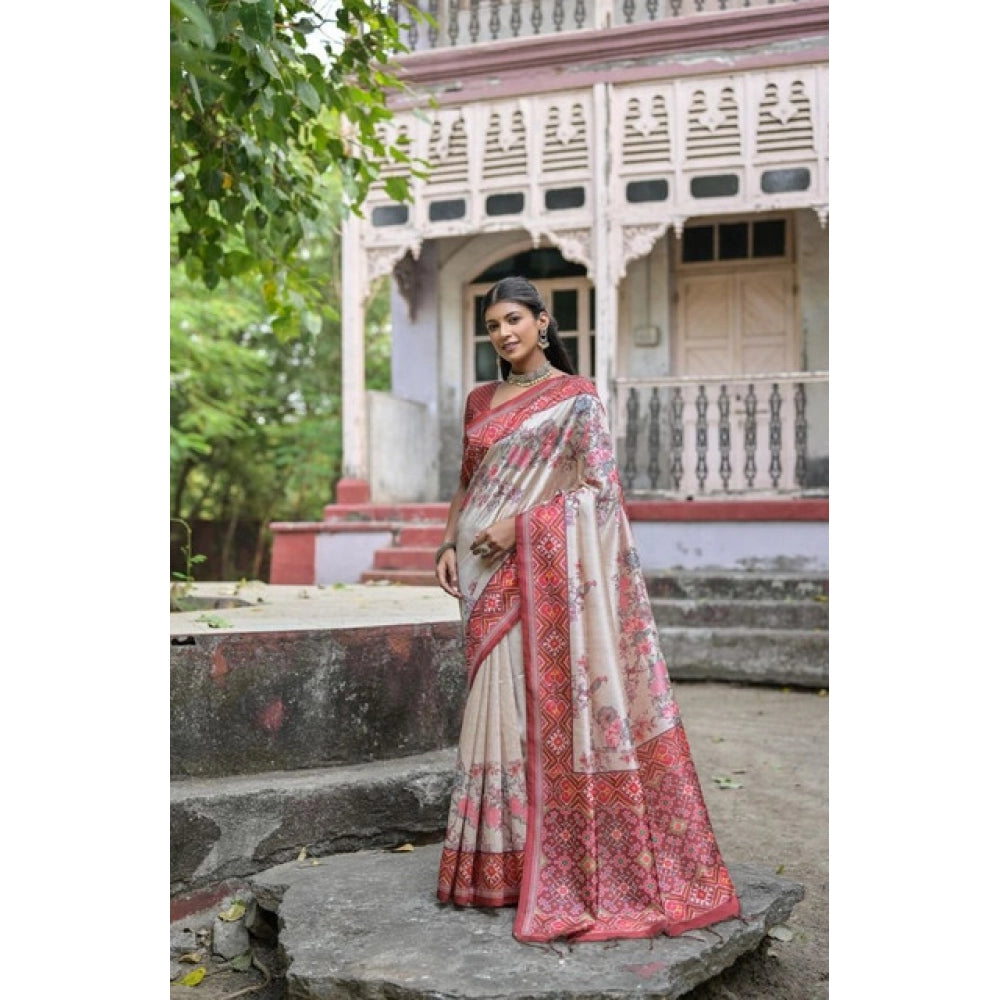 Generic Women's Faux_Tussar Floral Jal With Patola Print Saree With Unstitched Blouse 5.5Mtr (Maroon)