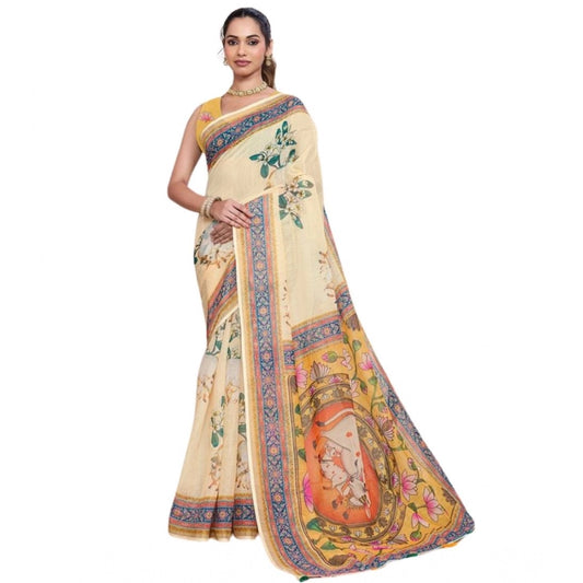 Generic Women's Linen Floral Printed Saree With Unstitched Blouse 5.5Mtr (Beige)