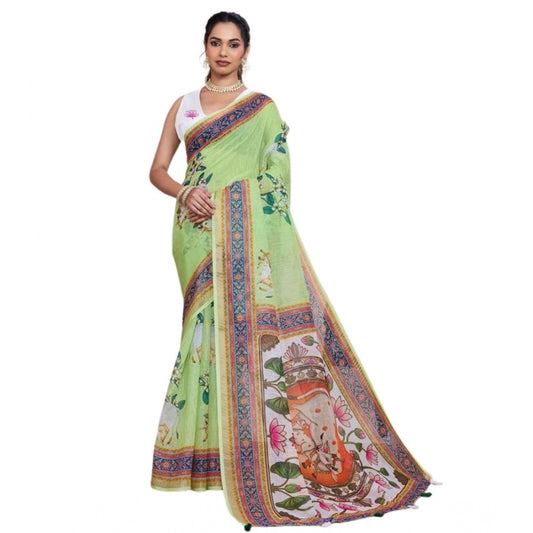Generic Women's Linen Floral Printed Saree With Unstitched Blouse 5.5Mtr (Light Green)