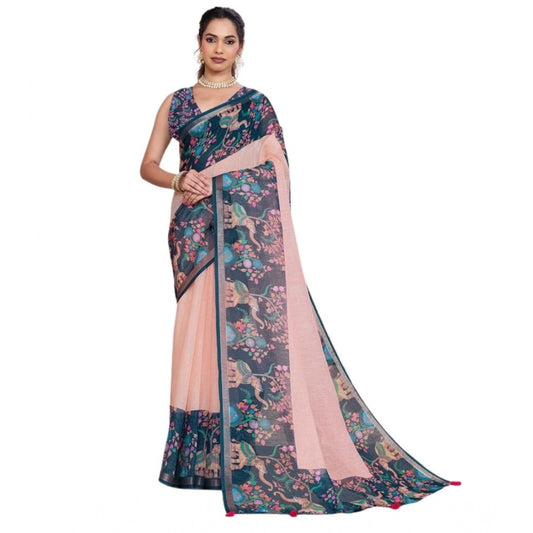 Generic Women's Linen Floral Printed Saree With Unstitched Blouse 5.5Mtr (Peach Pink)