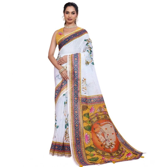 Generic Women's Linen Floral Printed Saree With Unstitched Blouse 5.5Mtr (White)