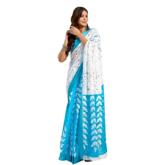 Generic Women's Faux Linen Leaf Print Ready to wear Saree With Unstitched Blouse 5.5Mtr (SkyBlue & White)