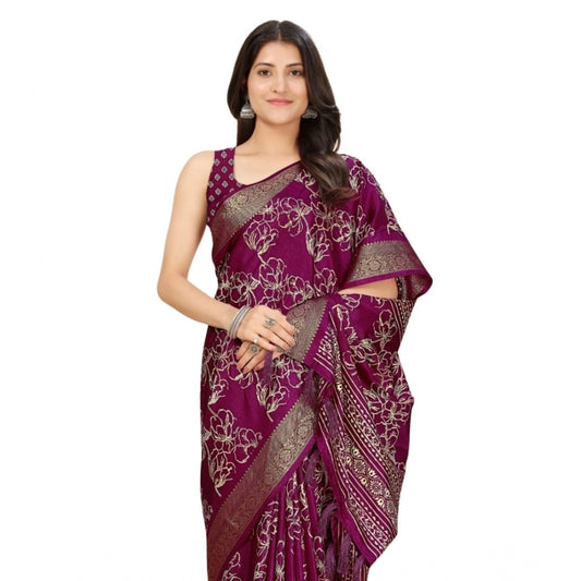 Generic Women's Cotton Silk Floral Printed Saree With Unstitched Blouse 5.5Mtr (Wine)