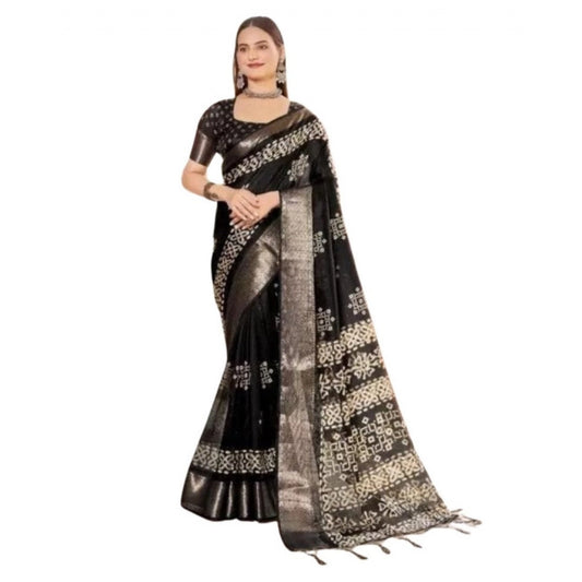 Generic Women's Cotton Silk Printed Saree With Unstitched Blouse 5.5Mtr (Black)