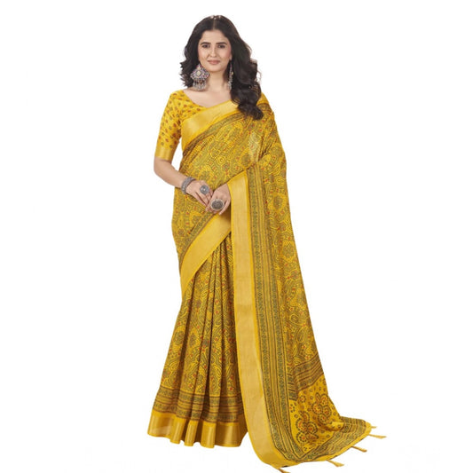 Generic Women's Cotton Silk Floral Printed Saree With Unstitched Blouse 5.5Mtr (Yellow)