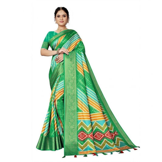 Generic Women's Cotton Silk Striped Saree With Unstitched Blouse 5.5Mtr (Green)