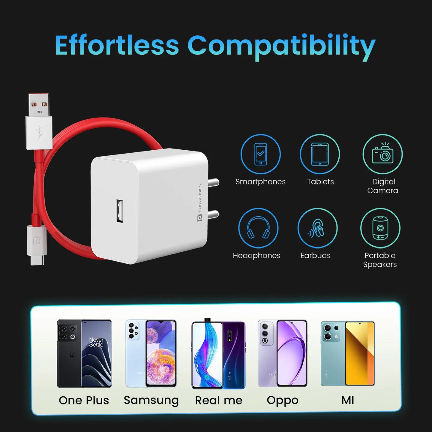 Portronics Adapto 35A USB A Output Port | VOOC Charging, WARP Charging | DASH Charging, QUICK Charging | 1M Charging Cable