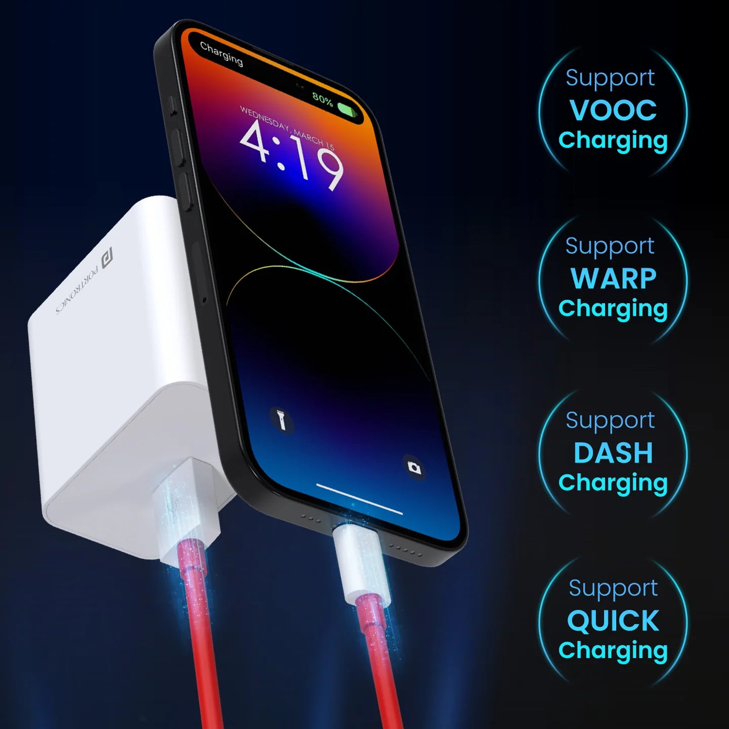 Portronics Adapto 35A USB A Output Port | VOOC Charging, WARP Charging | DASH Charging, QUICK Charging | 1M Charging Cable
