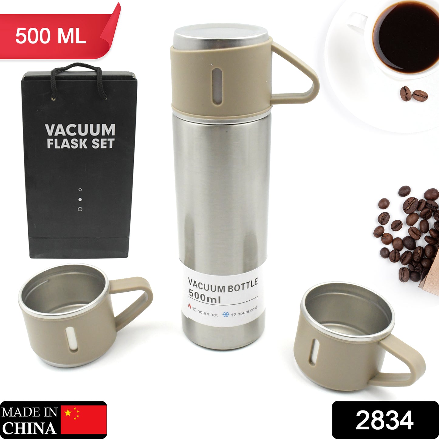 Stainless Steel Vacuum Flask Set with 3 Steel Cups for Hot and Cold Water (500ml)