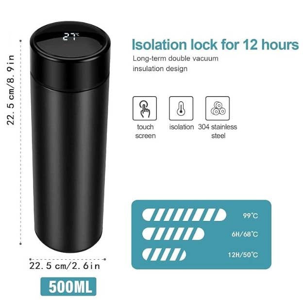Smart LED Temperature Vacuum Flask Stainless Steel | Leakproof | Travel, Kids, Fitness, Sports, Gym (500 Ml)