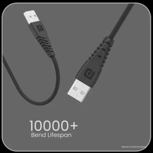 Black USB cable with braided design on a gray background, featuring '10000+ Bend Lifespan' text.