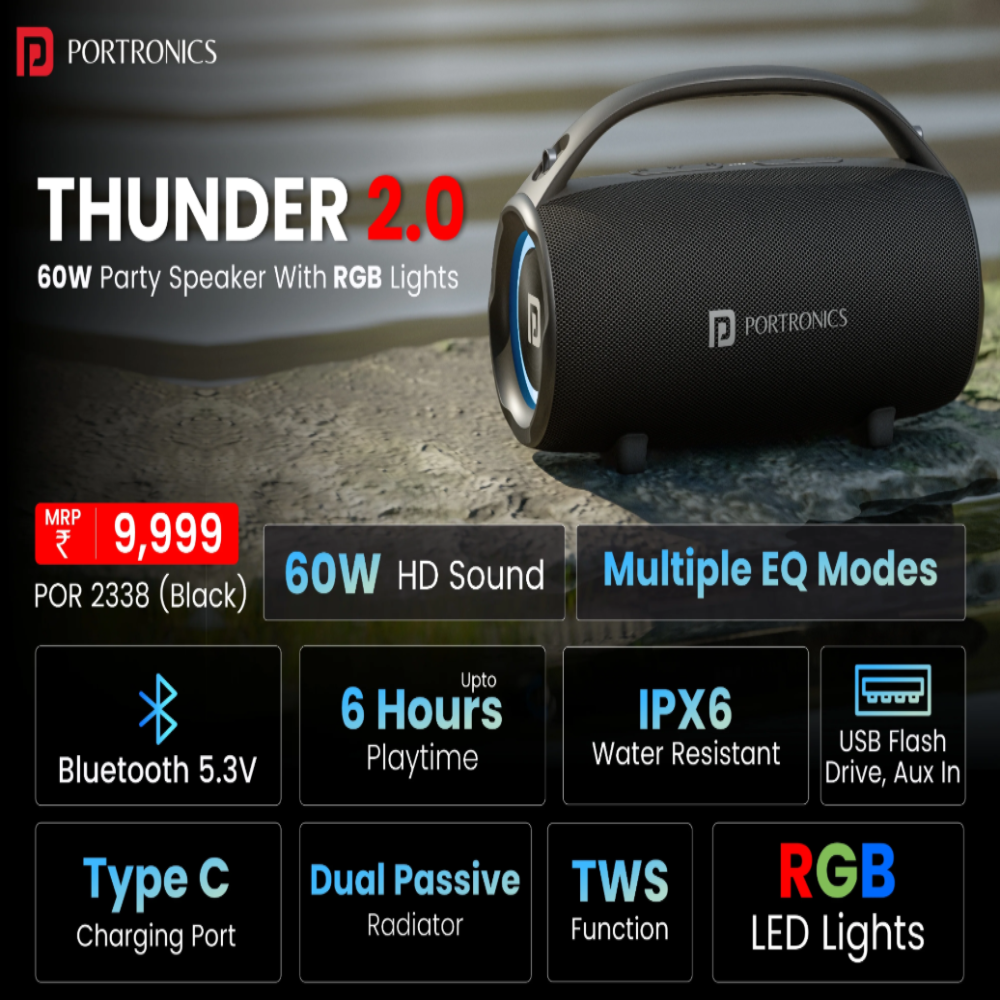 Thunder 2.0 Dual Passive Radiator | TWS Mode | RGB LED Lights| Type C Fast Charging