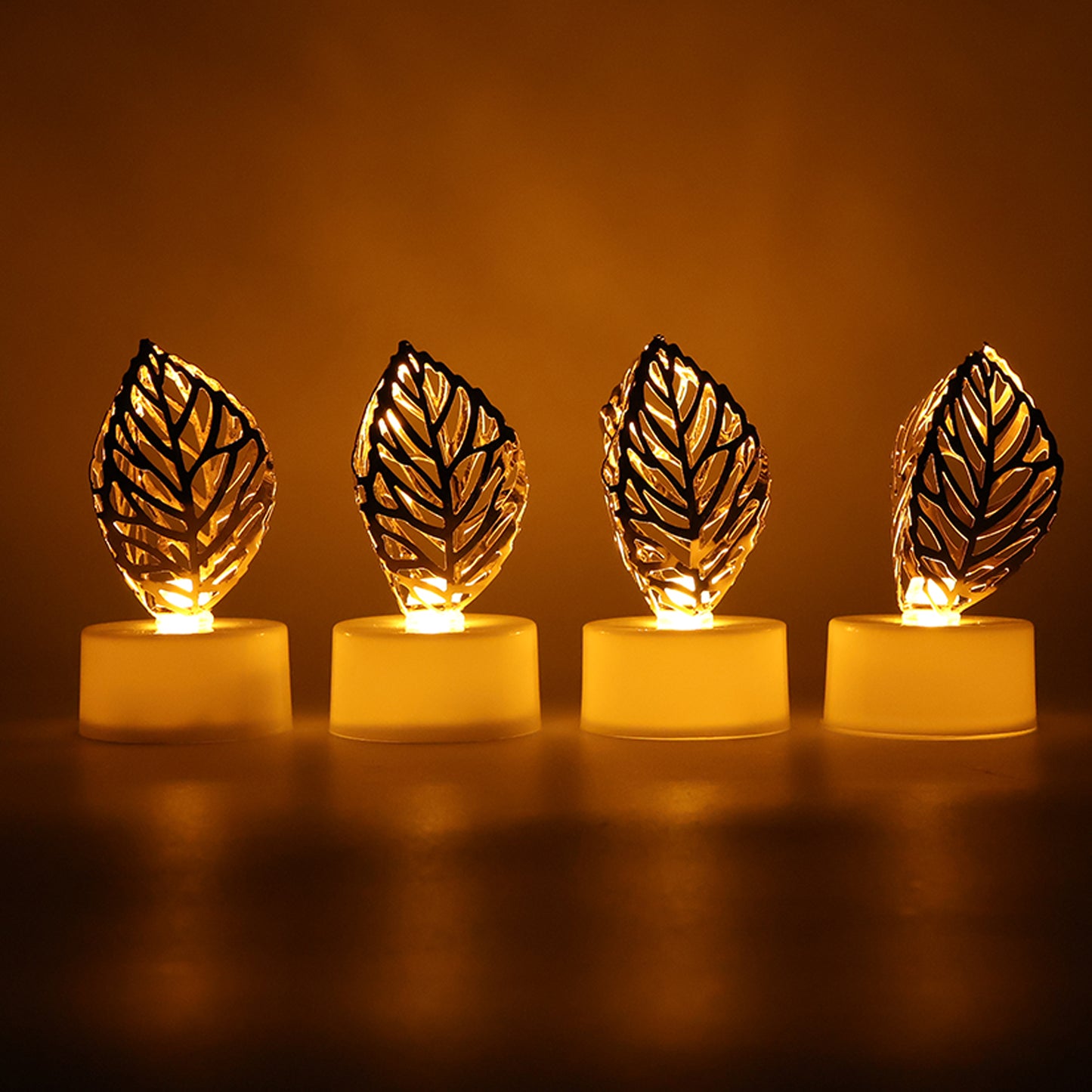 Decorative Golden Leaf Shaped Flameless Led Candles (4 Pc)