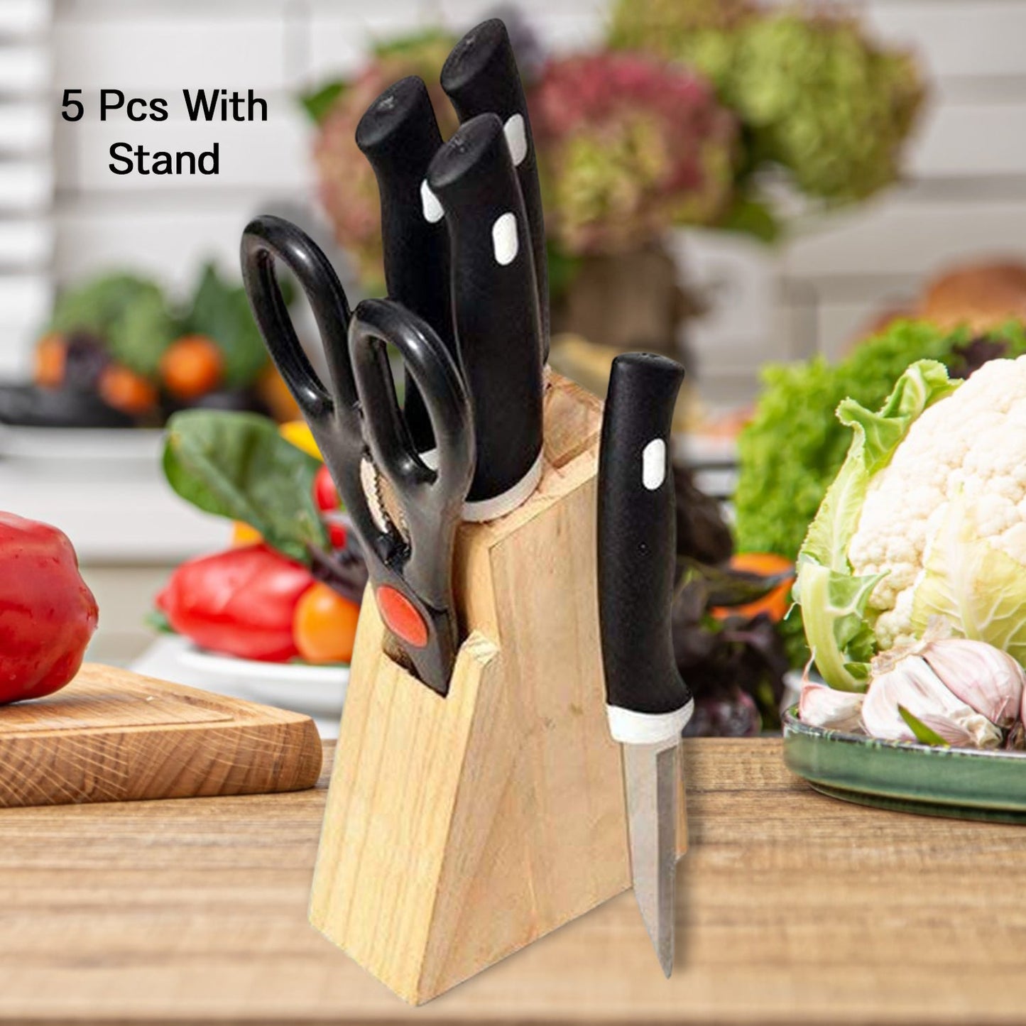 Kitchen Knife Set with Wooden Block and Scissors (5 pcs, Black)