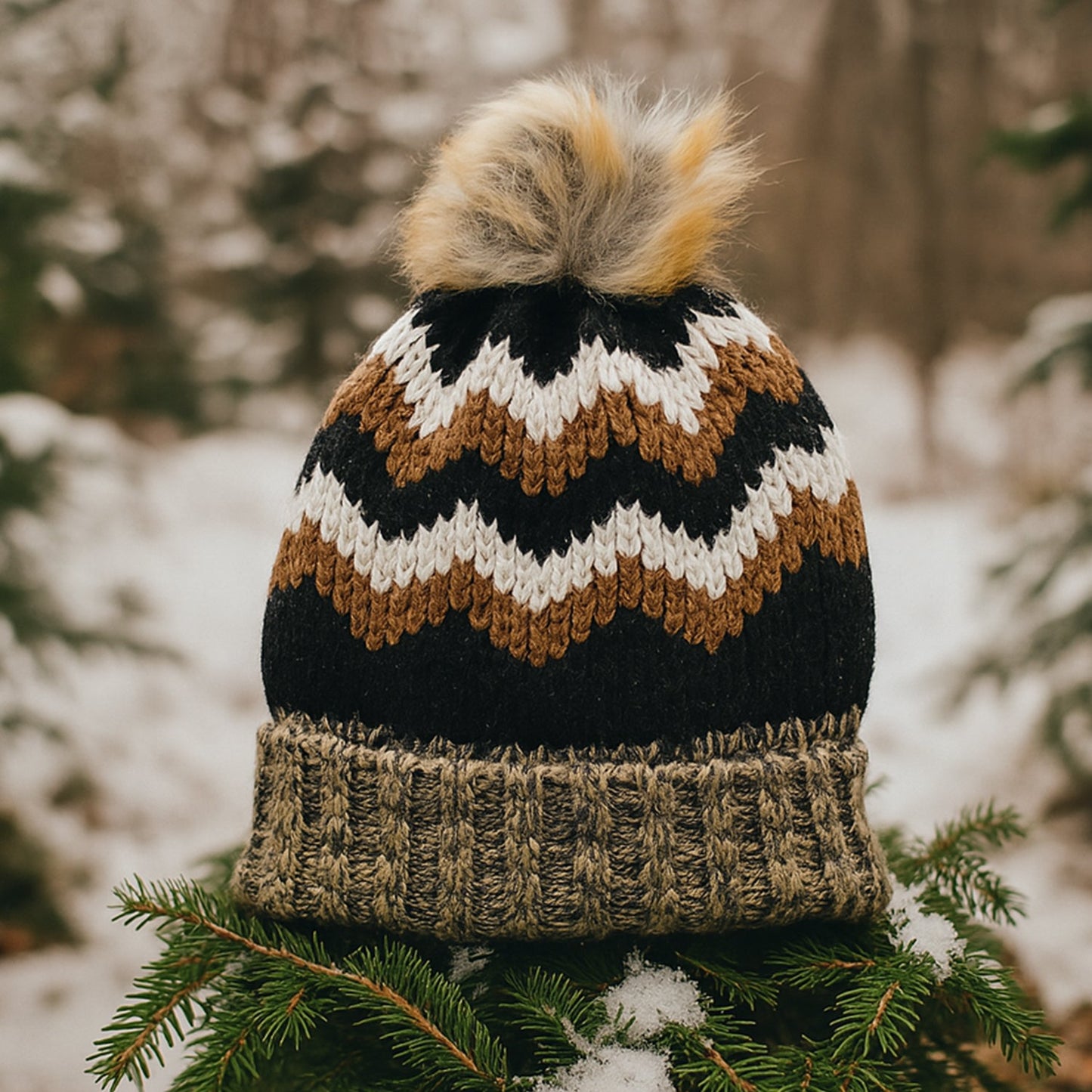 Winter Woolen Knitted Black Inside Fur Beanie Cap (1 Pc / Mix Design & Color)