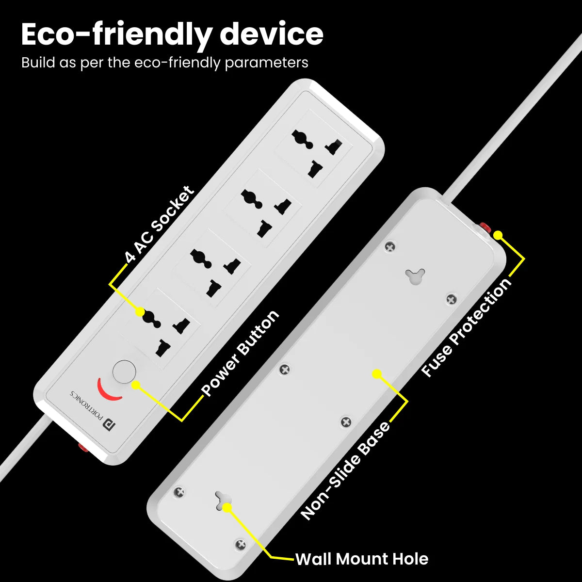 Power Plate 11  | 1500 Watts | 2m Long Cord | 4 Universal Sockets (Portronics)