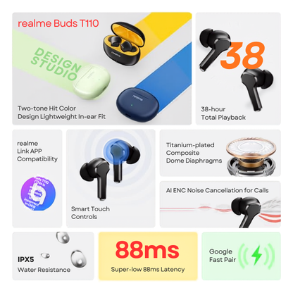 realme Buds T110 Bluetooth Truly Wireless in Ear Earbuds with mic, AI ENC for Calls, Google Fast Pair, 38 Hours Total Playback with Fast Charging (Punk Black)