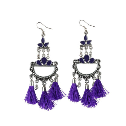 Generic Women's Silver Plated Afgani Tassel Earrings-Purple