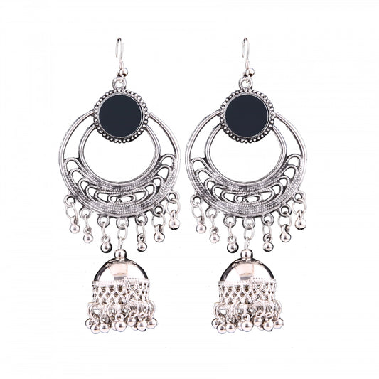 Generic Women's Silver Oxidized Hook Dangler Hanging Afgani Tribal Fancy Earrings-Silver