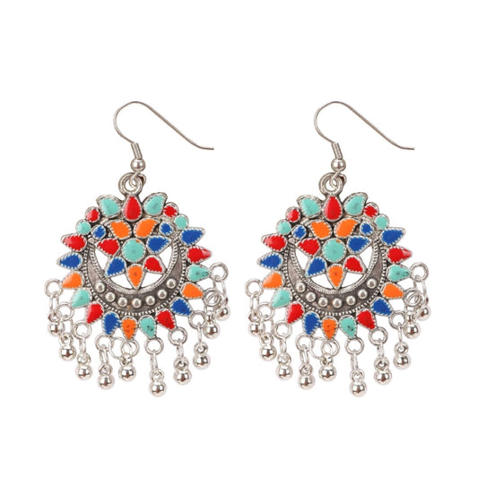 Generic Women's Oxidize Silver plated Hook Dangler Hanging Afgani Earrings-Multicolour