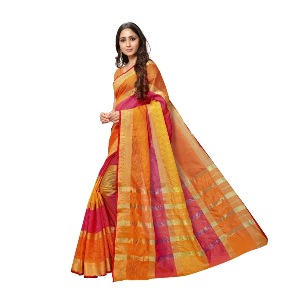 Generic Women's Kota Doria Cotton Saree With Blouse (Orange,6-3 Mtrs)