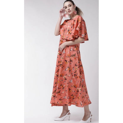 Generic Women's Crepe Floral Half Sleeves Full Length Gown(Orange)