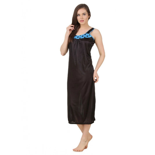 Women's Satin Long Nighty with Sleeve Less(Color: Turquoise and Black, Neck Type: U Neck)
