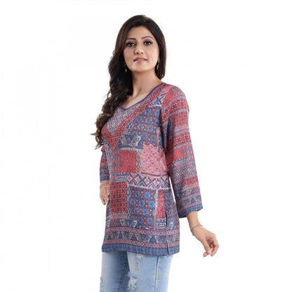 Generic Women's Quarter Sleeve Faux Crepe Printed Short Kurti Tunic Top (Color:Multicolor)