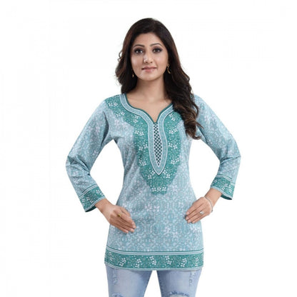 Generic Women's Quarter Sleeve Faux Crepe Printed Short Kurti Tunic Top (Color:Blue)