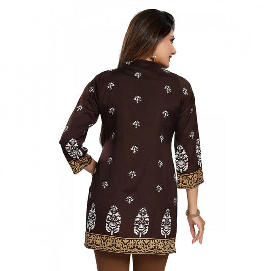 Generic Women's Quarter Sleeve Faux Crepe Printed Short Kurti Tunic Top (Color:Brown)