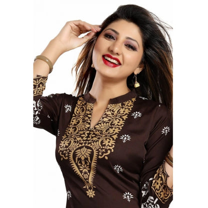 Generic Women's Quarter Sleeve Faux Crepe Printed Short Kurti Tunic Top (Color:Brown)