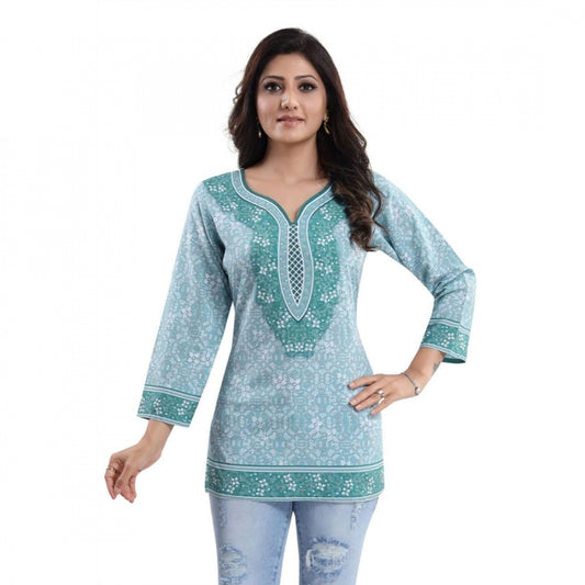 Generic Women's Quarter Sleeve Faux Crepe Printed Short Kurti Tunic Top (Color:Blue)