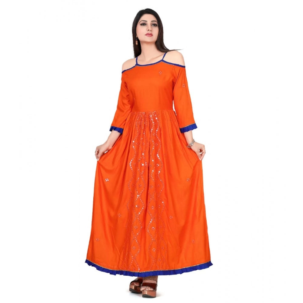 Generic Women's Rayon Cotton Orange Embroidered Long Kurti