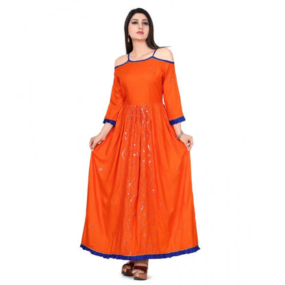 Generic Women's Rayon Cotton Orange Embroidered Long Kurti