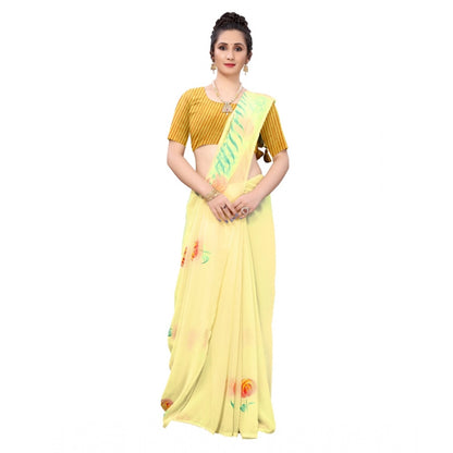 Generic Women's Georgette Floral Hand Printed Sarees (Yellow, 5-6 Mtrs)