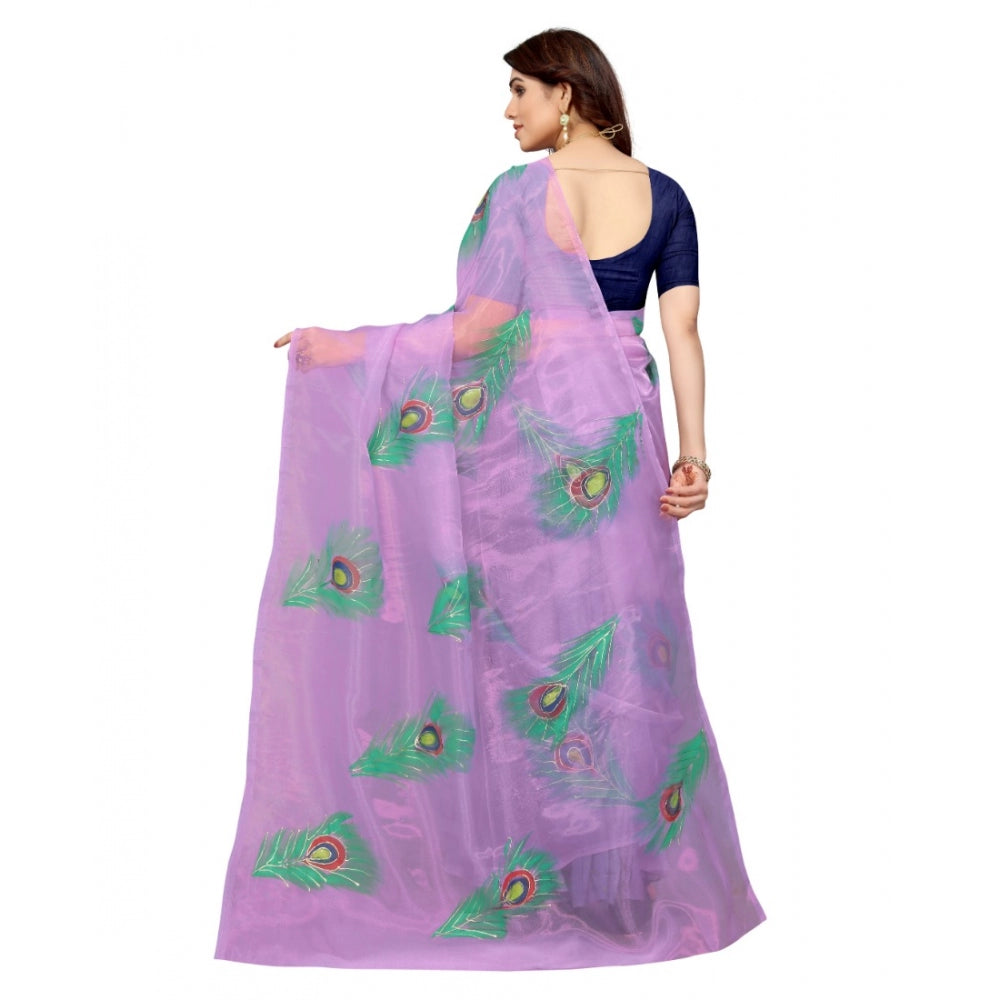 Generic Women's Organza Floral Pattern Sarees (Lavendor, 5-6 Mtrs)