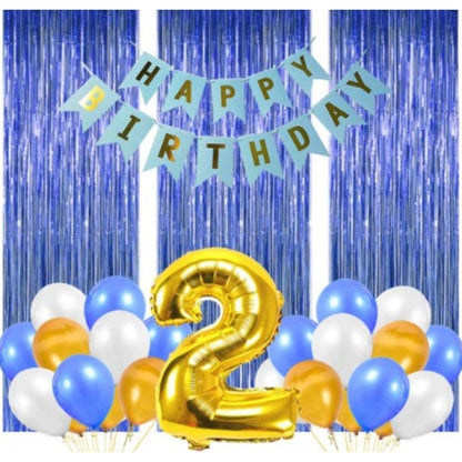 Generic 2Nd Birthday Decoration Combo Of No 2 Foil Balloons, Banner, Balloons And Curtain (Multicolor)