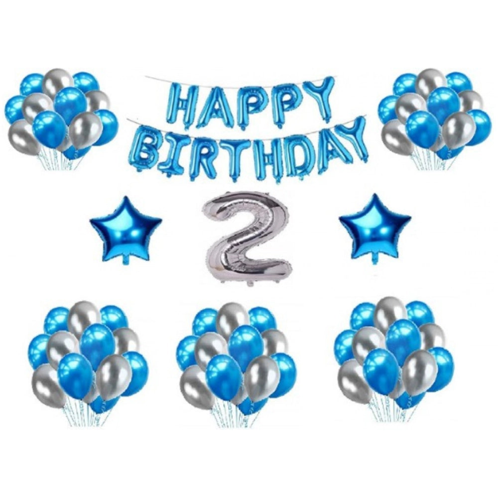 Generic 2Nd Happy Birthday Decoration Combo With Foil And Star Balloons (Blue, Silver)