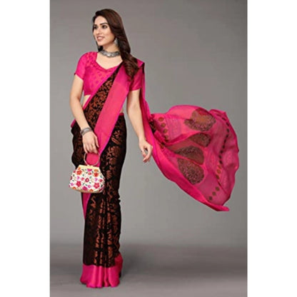 Generic Women's Viscose Rayon Printed Saree With Unstitched Blouse (Black)