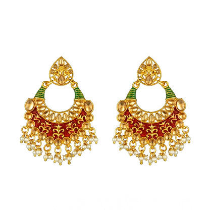 Generic Women's Rose Gold Plated Alloy Kundan Earrings &amp; Mangtikka (Red &amp; Green)