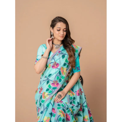 Generic Women's Cotton Printed Saree With Unstitched Blouse (Sky Blue, 5-6 Mtrs)