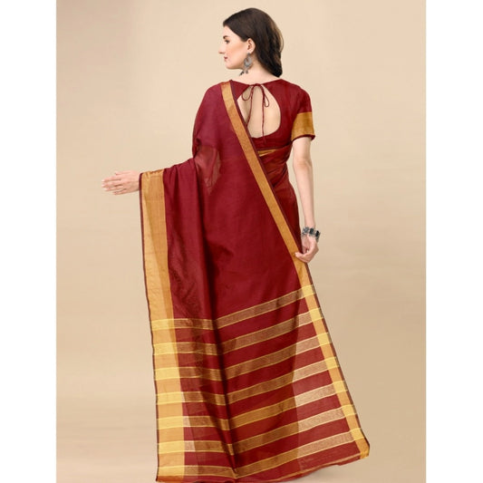 Generic Women's Cotton Silk Striped Saree With Unstitched Blouse 5.5Mtr (Maroon)