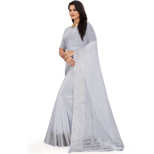 Generic Women's Cotton Jute Self Design Saree With Unstitched Blouse 5.5Mtr (Grey)